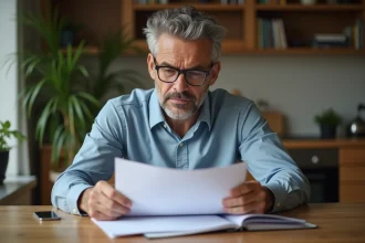 Homme d'âge moyen lisant des documents à la maison