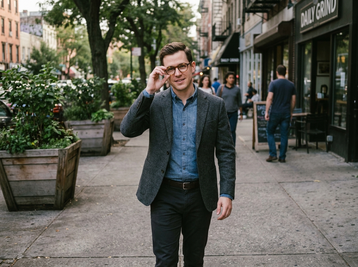 Jeune homme en ville avec lunettes tendance en marchant