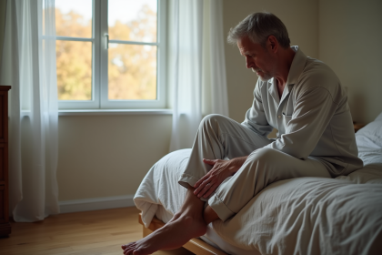 Homme d'âge moyen en pyjama se massant les pieds dans sa chambre