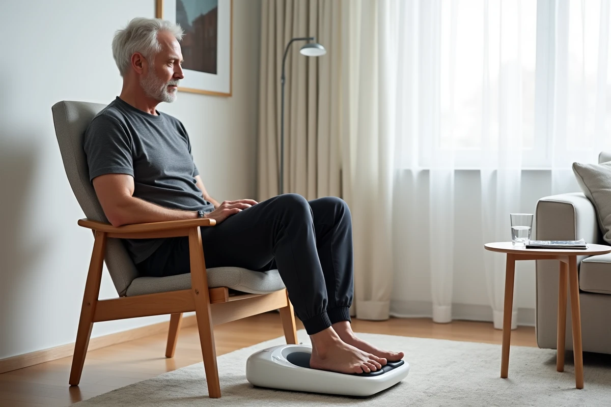 Homme en tenue décontractée utilisant un masseur de pieds moderne dans un salon épuré et contemporain