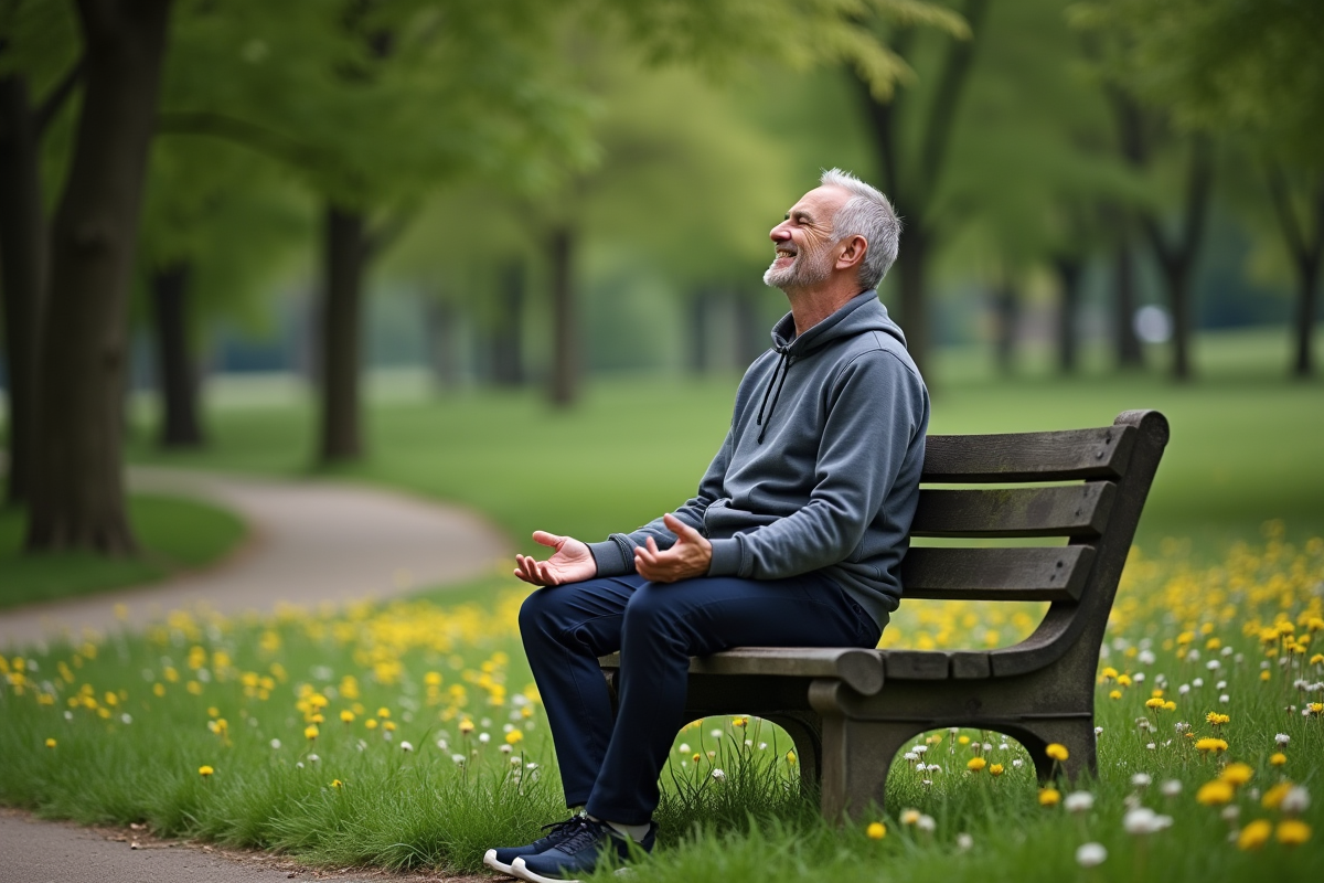 Homme méditant sur un banc dans un parc verdoyant