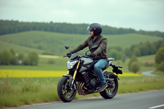 Homme en jeans et casque sur une moto en campagne