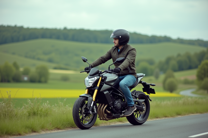 Homme en jeans et casque sur une moto en campagne