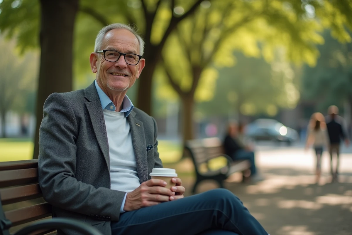 Homme détendu assis dans un parc urbain avec une tasse de café