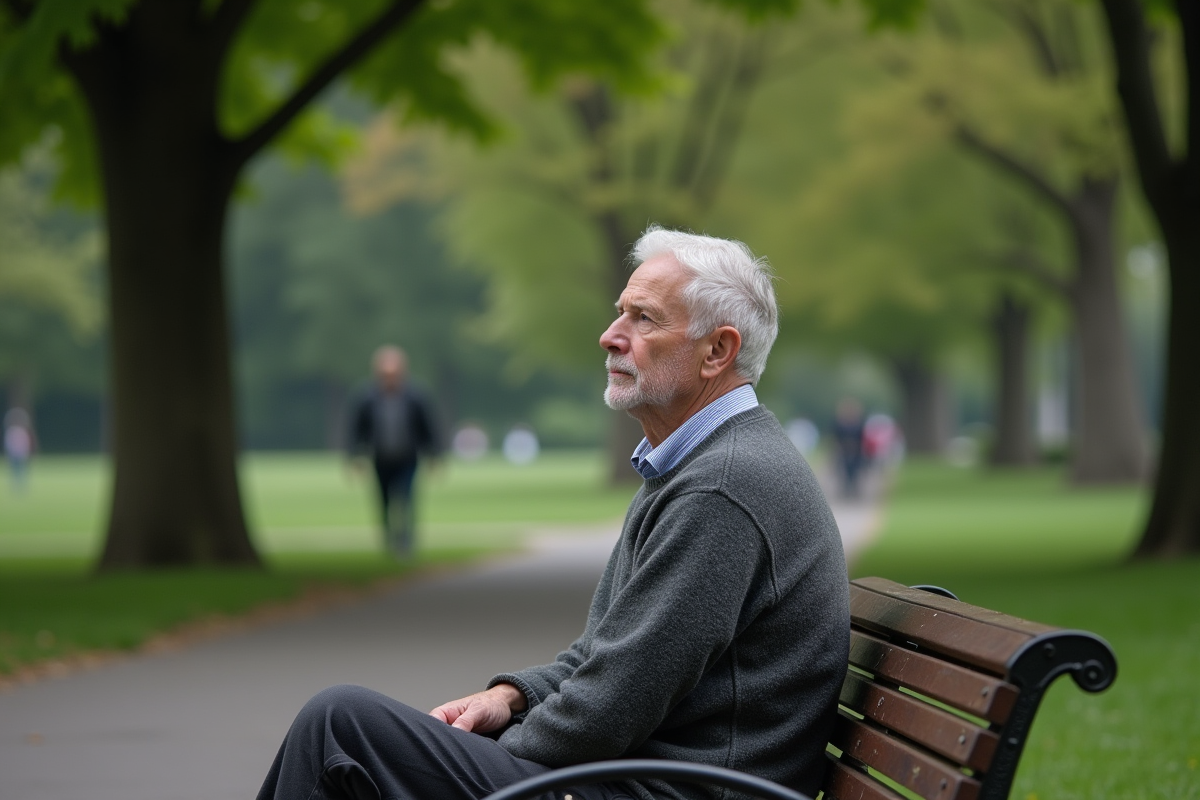 Homme senior assis sur un banc de parc contemplant la nature
