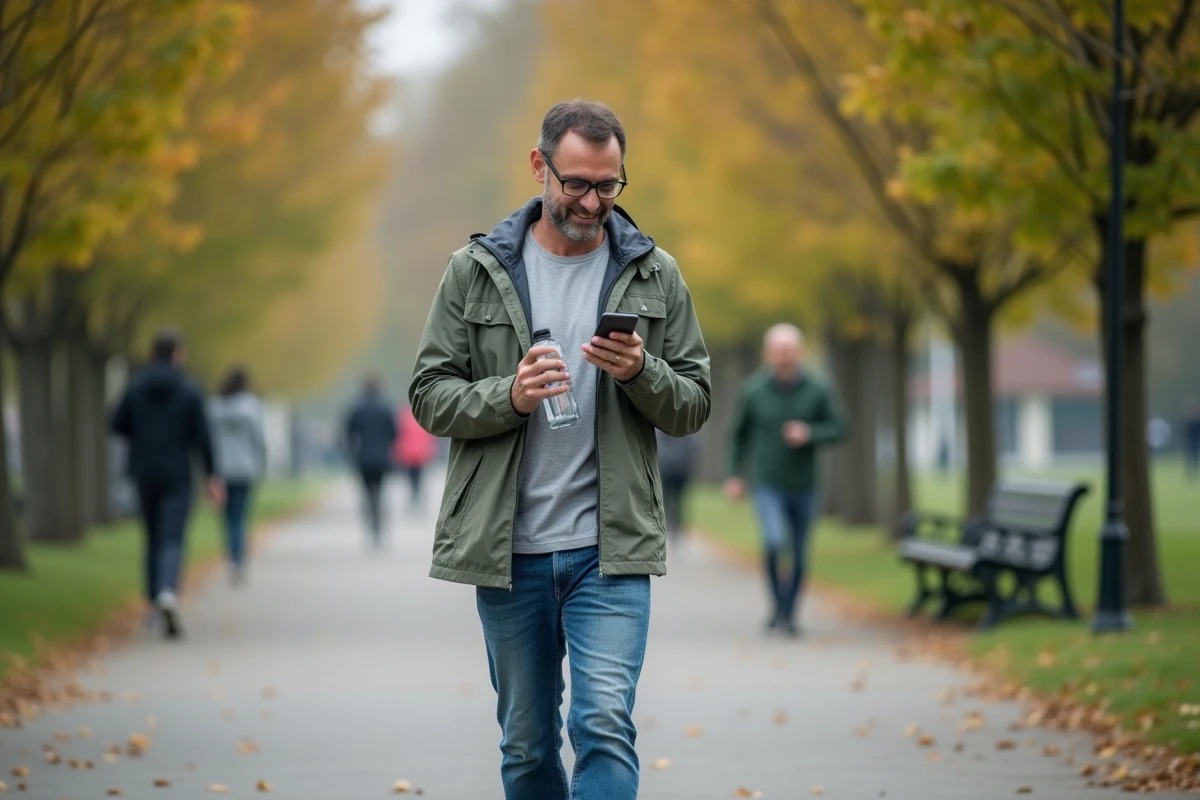 Homme marchant dans un parc urbain avec smartphone