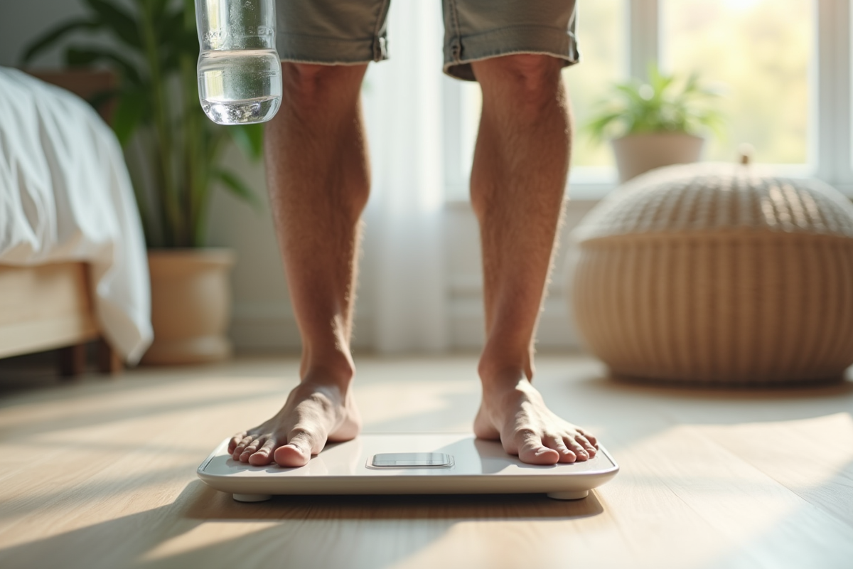 Homme se pesant sur la balance dans une chambre lumineuse