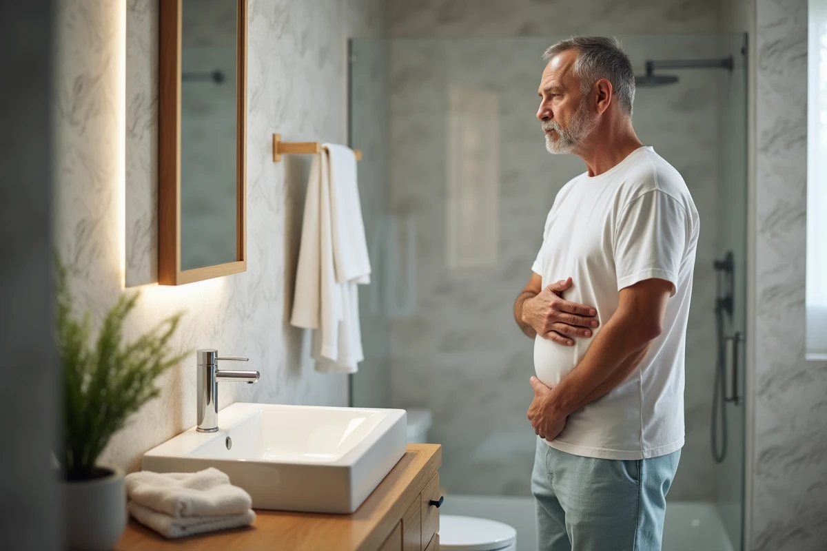 Homme regardant son reflet dans la salle de bain