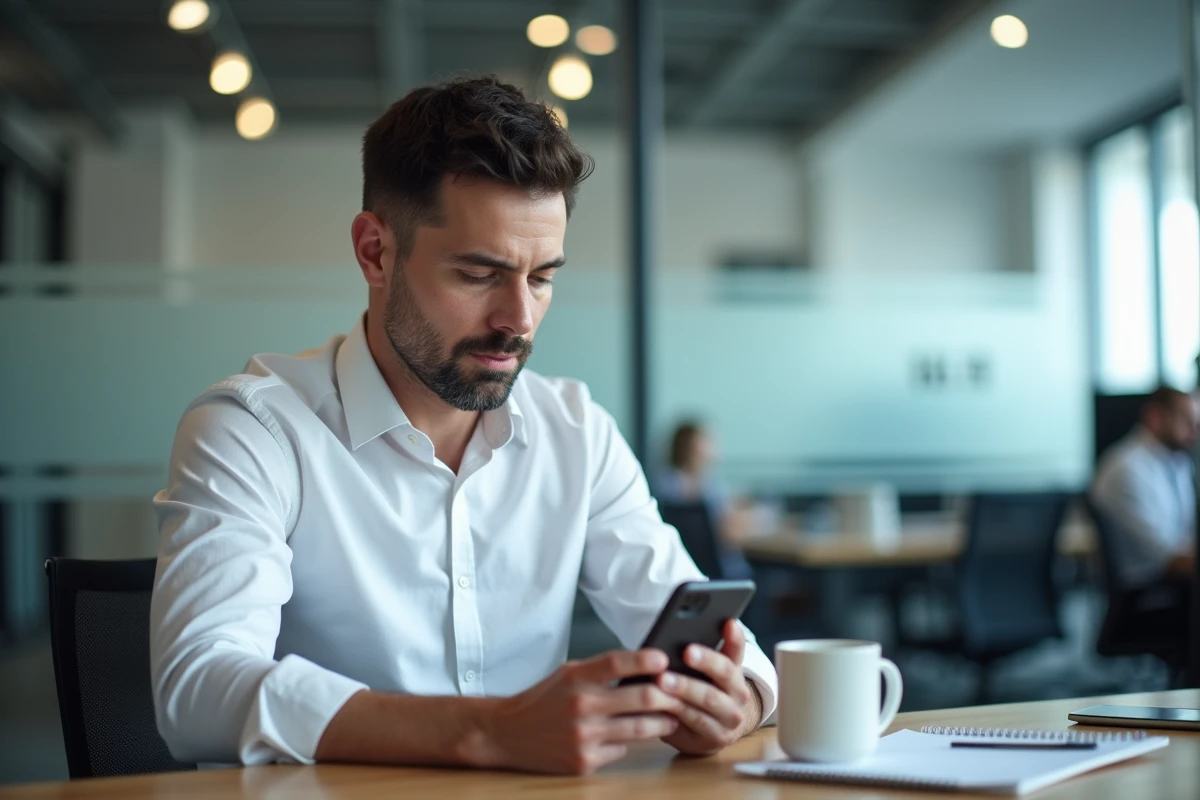 Homme en costume décontracté prenant un rendez-vous médical en ligne sur son téléphone au bureau