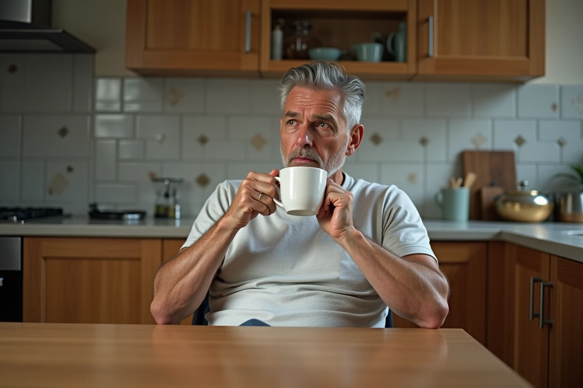 Homme buvant une tisane dans une cuisine chaleureuse