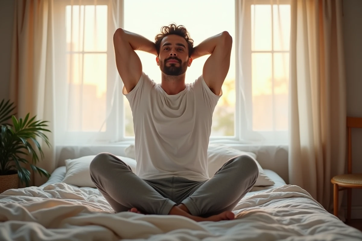 Homme se réveillant reposé le matin après plusieurs semaines d'utilisation de Nuclever pour améliorer le sommeil