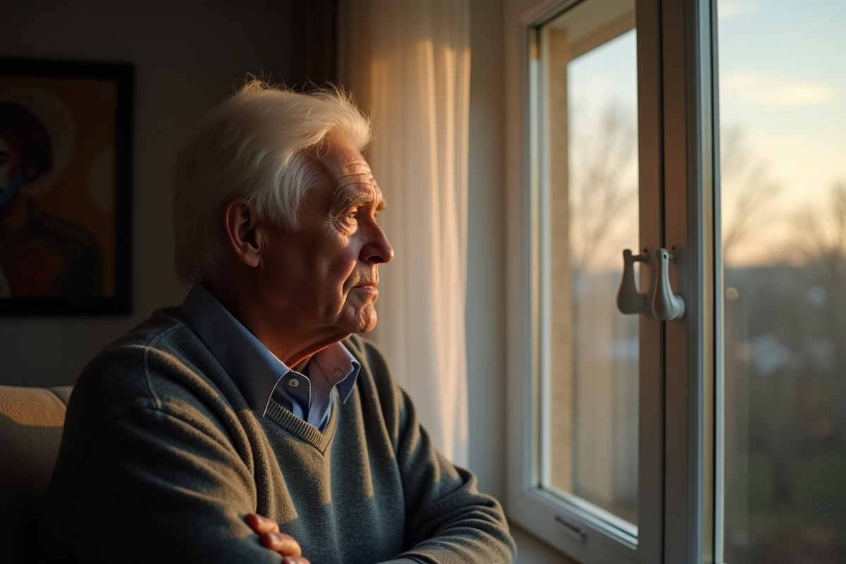 Homme âgé regardant par la fenêtre dans un salon lumineux