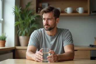 Homme tenant un verre d'eau dans une cuisine, représentant un mois sans alcool et la récupération du foie