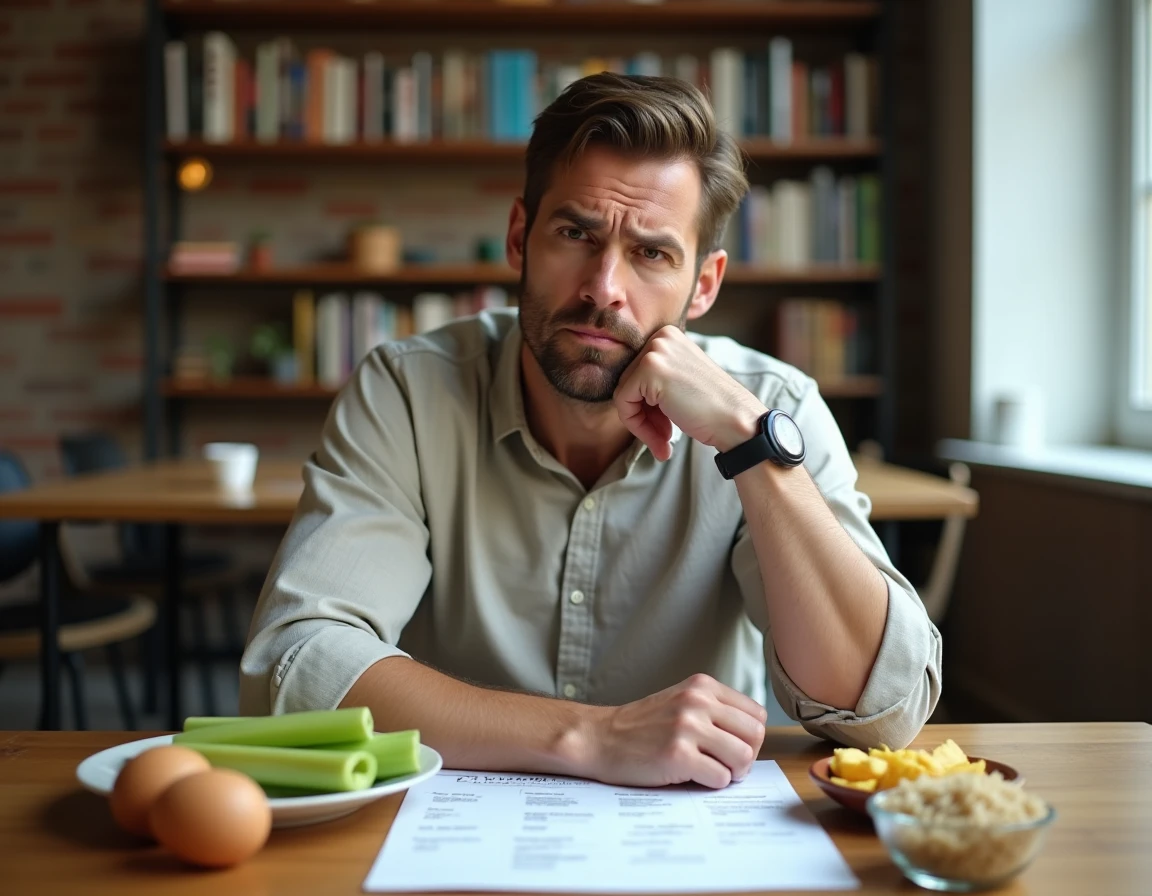 Homme sceptique face &agrave; un plan de r&eacute;gime strict et des aliments di&eacute;t&eacute;tiques sur une table en bois, remettant en question l'efficacit&eacute; des r&eacute;gimes d'une semaine