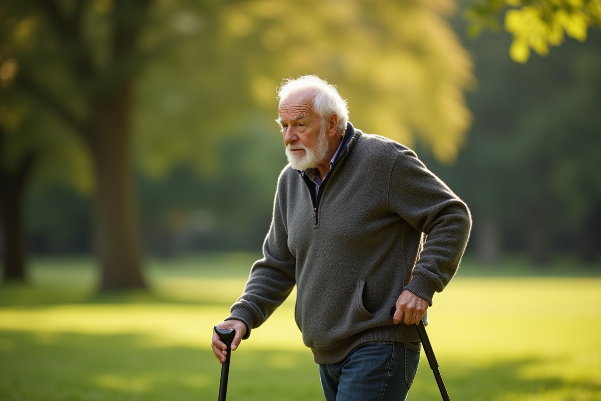 Homme senior marchant dans un parc ensoleille