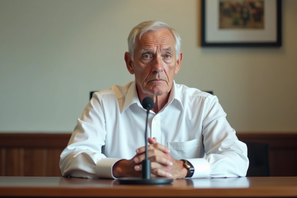 Homme senior en chemise blanche assis devant un microphone lors d'une prise de parole publique, expression grave et sereine illustrant un témoignage personnel sur la maladie