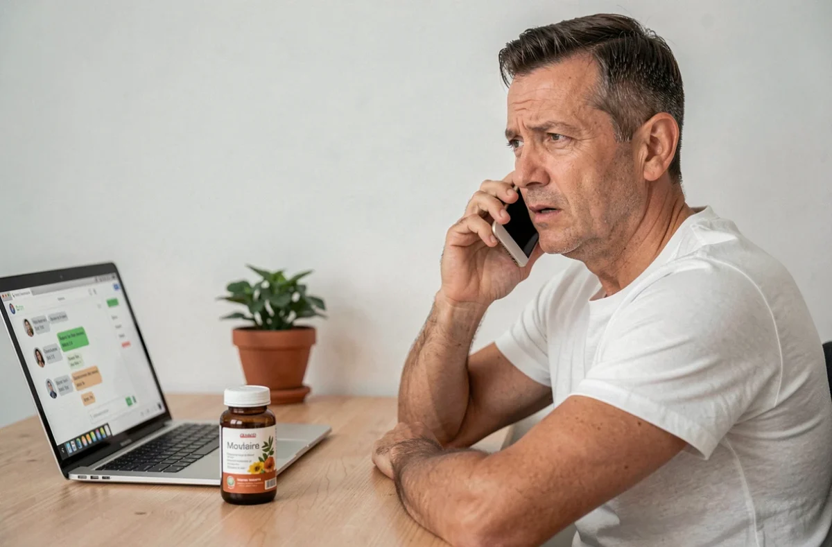 Homme contactant le service client de 123 Phyto Santé depuis son bureau à domicile