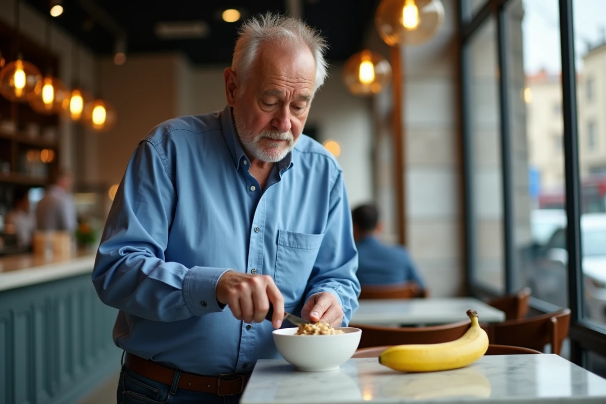 Homme d age en train de couper une banane au cafe