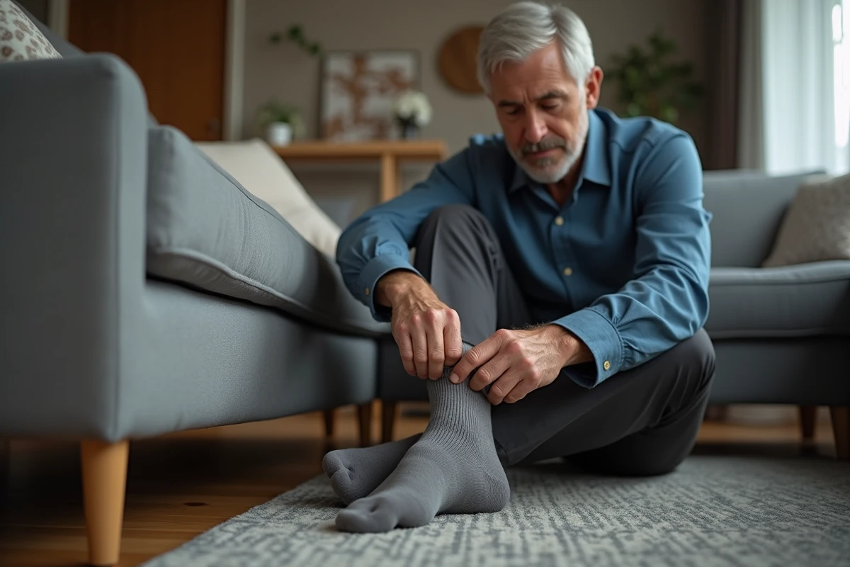 Homme regardant son ankle dans un salon cosy