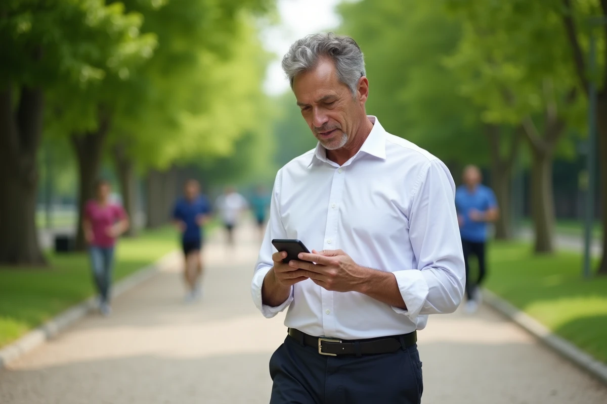 Homme vérifiant ses statistiques de santé dans un parc verdoyant