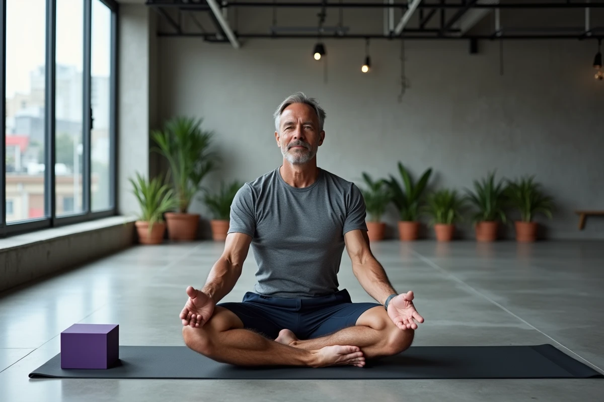 Homme en posture préparatoire au lotus assis sur un bloc de yoga dans un studio urbain, exercice d'ouverture des hanches pour débutants