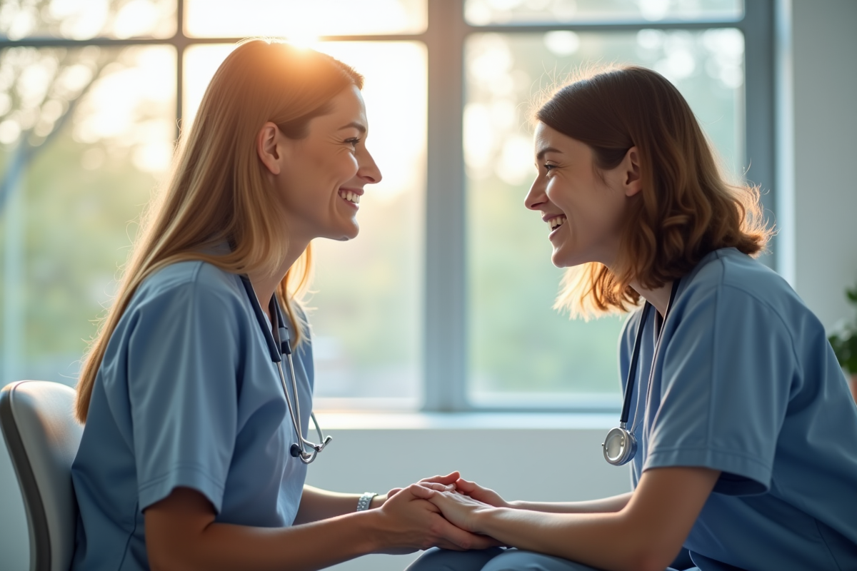Infirmière souriante avec un patient dans une clinique lumineuse