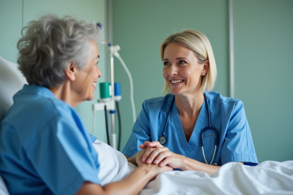 Infirmi&egrave;re souriante avec une patiente &acirc;g&eacute;e dans un h&ocirc;pital