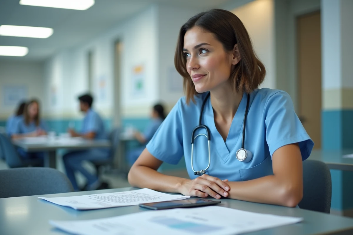 Infirmi&egrave;re en scrubs bleus r&eacute;fl&eacute;chissant au bureau hospitalier
