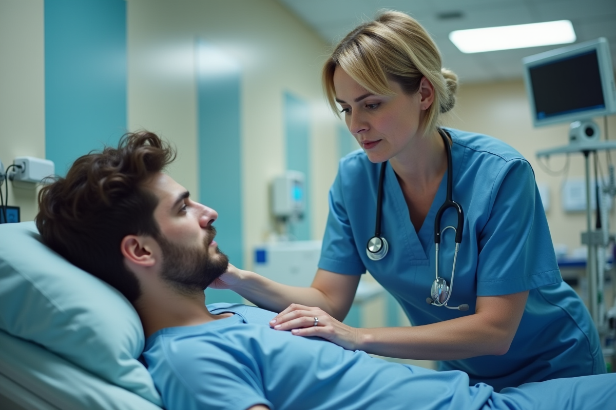 Infirmière en blouse bleue montre la position de secours