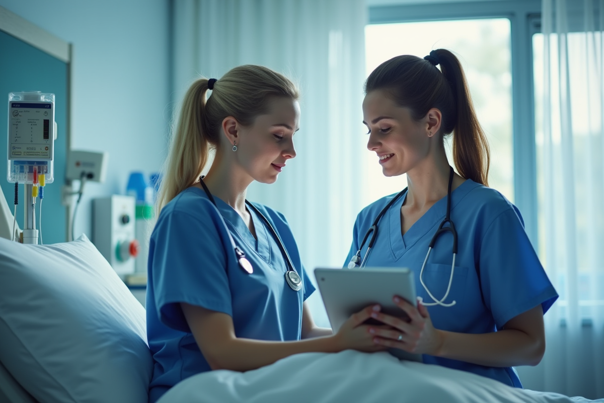 Infirmieres collaborant au chevet avec tablette et perfusion
