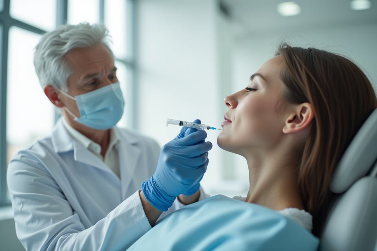 Professionnel médical injectant un traitement facial en clinique