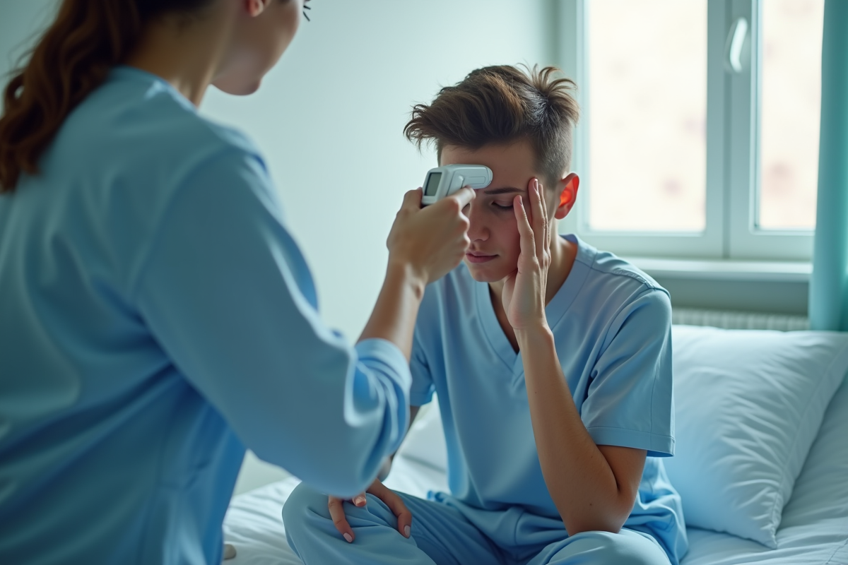 Jeune adulte malade sur lit d'hôpital avec professionnel