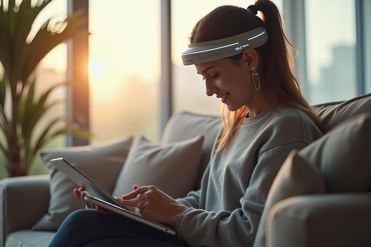 Jeune adulte avec Neuralink dans un salon moderne utilisant une tablette
