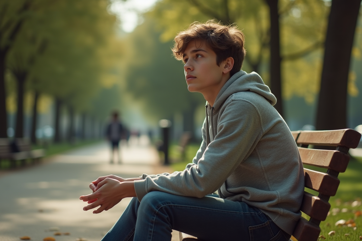 Jeune adulte assis sur un banc de parc contemplant le paysage
