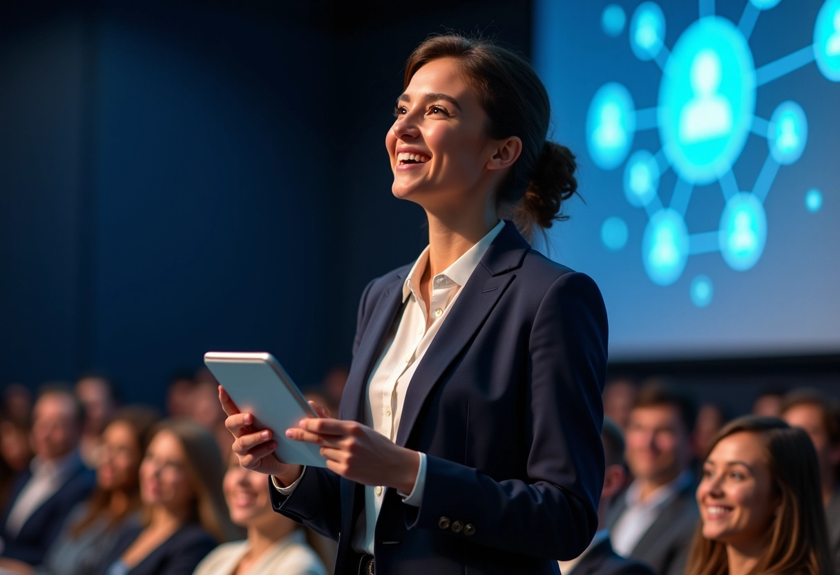 Jeune femme entrepreneure en santé présentant sur scène