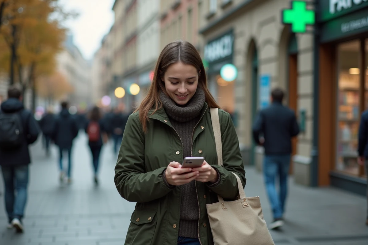 Jeune femme dans la rue consultant une application mobile pour réserver un rendez-vous médical en ligne