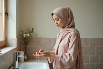 Jeune femme musulmane en hijab préparant l'ablution dans une salle de bain