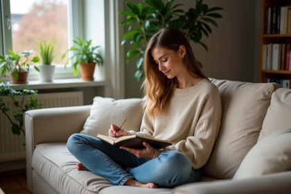 Jeune femme en knitwear &eacute;crivant dans un journal