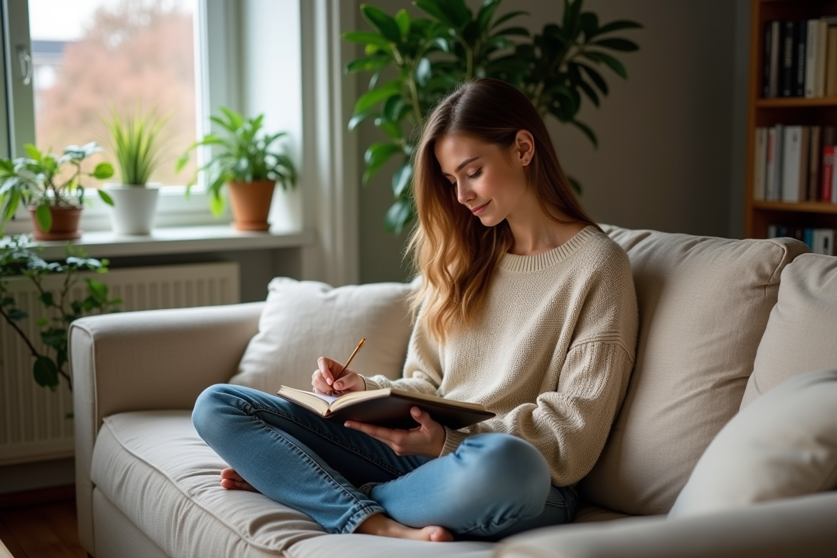 Jeune femme en knitwear écrivant dans un journal