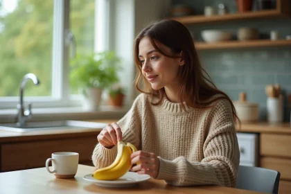 Jeune femme avec banane dans un cadre cocooning