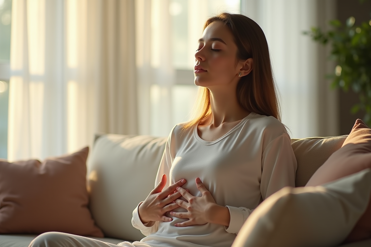 Jeune femme pratique la respiration profonde dans le salon