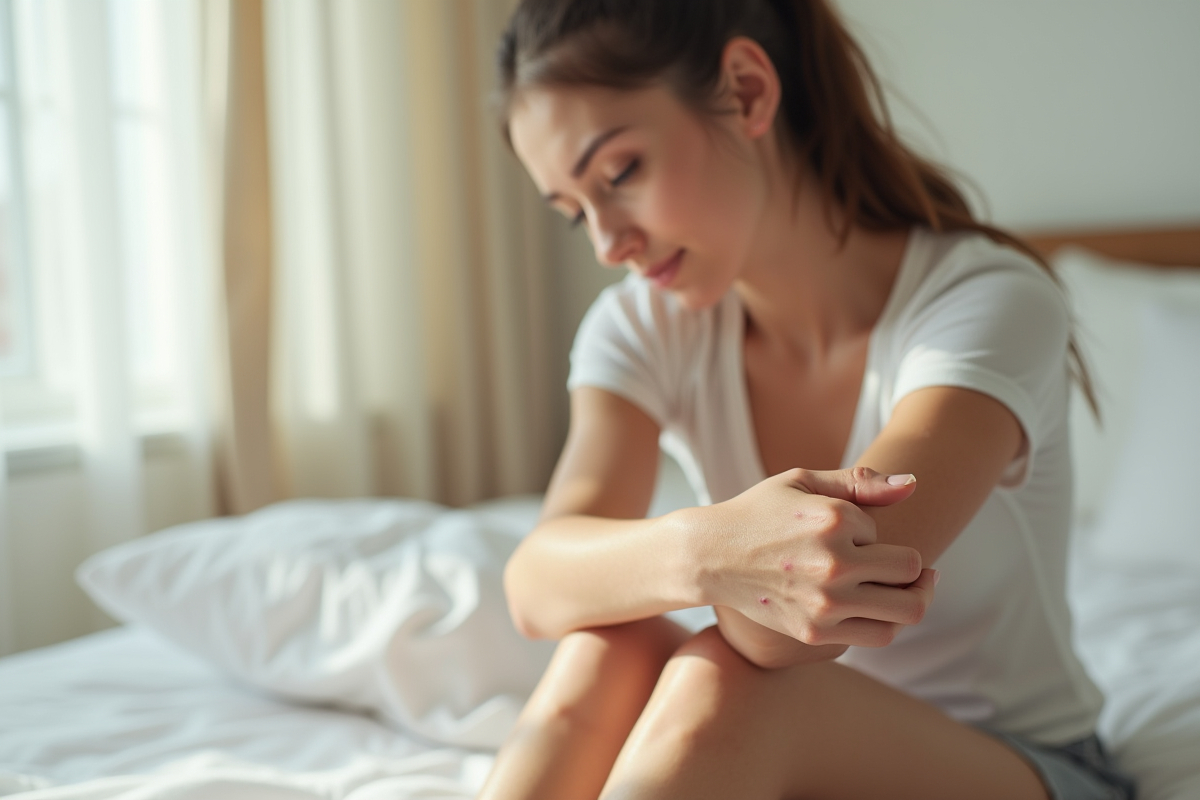 Jeune femme assise sur un lit blanc touchant sa peau rouge