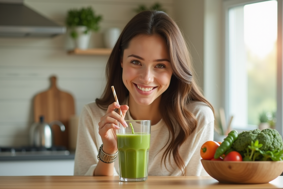 Jeune femme souriante avec peau saine dégustant un smoothie vert dans une cuisine lumineuse