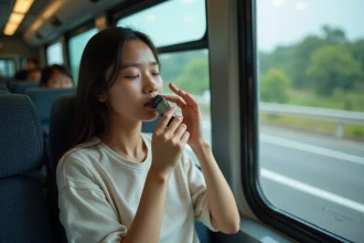 Jeune femme thaïlandaise avec inhalateur dans un bus