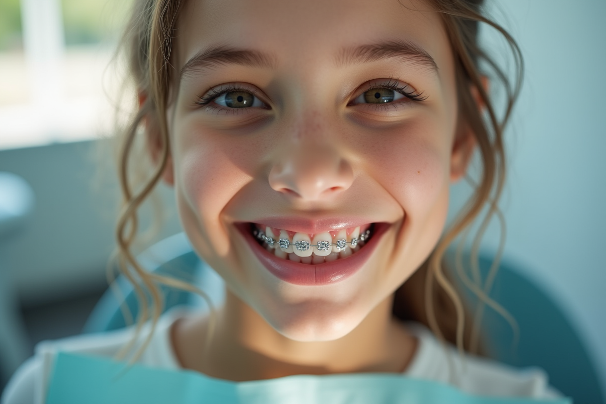 Jeune fille souriante avec appareils dentaires en clinique dentaire