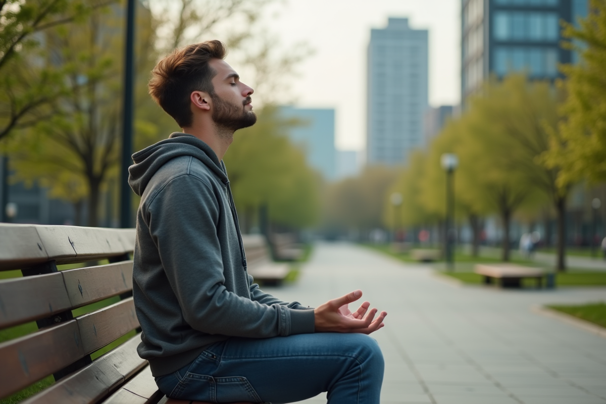 Jeune homme méditant sur un banc dans un parc urbain