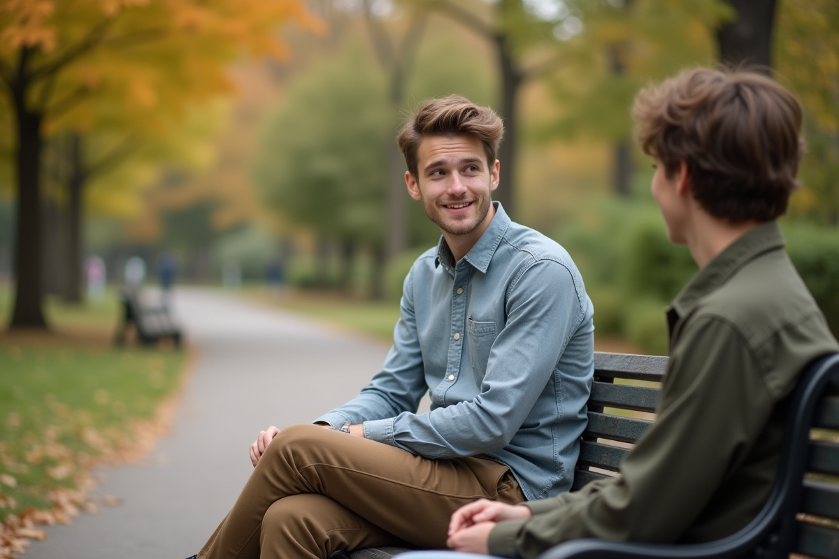 Jeune homme parlant avec un ami sur un banc dans un parc