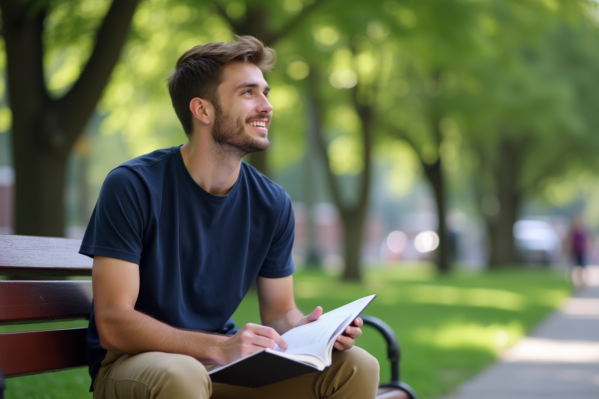 Jeune homme souriant assis sur un banc dans un parc