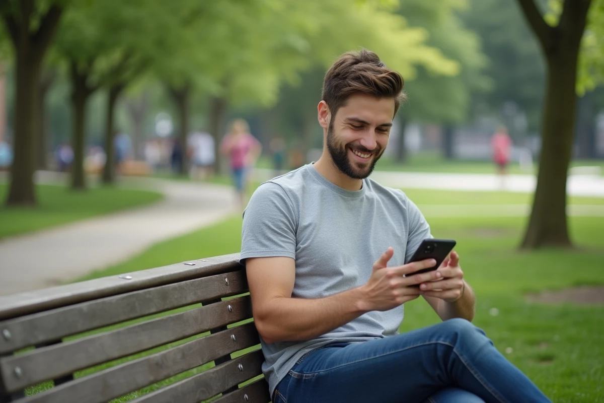 Jeune homme relaxant sur un banc de parc en lisant un article sur son smartphone
