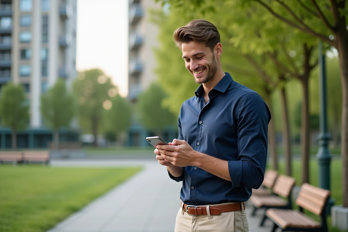 Jeune homme souriant dans un parc urbain avec smartphone